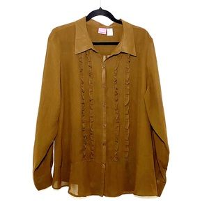 Du Jour Sheer Brown Tuxedo Button Front Top XL